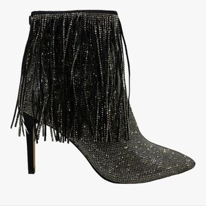 Andiamo Rhinestone Fringe Sparkle Heeled Glamorous Silver Fringe Heeled Boots